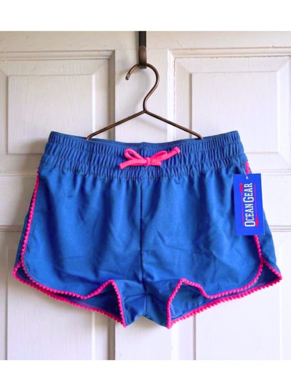 OCEAN GEAR Girls' Blue Swim Board Shorts with Pink Pom Trim - Size Med (7/8) NEW